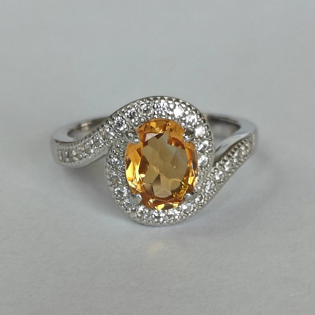 Natural Citrine & Diamond Ring in 925 Sterling Silver