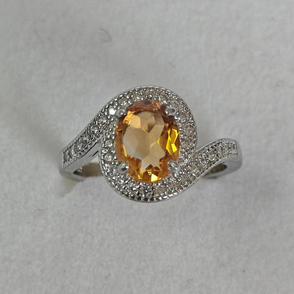 Natural Citrine & Diamond Ring in 925 Sterling Silver