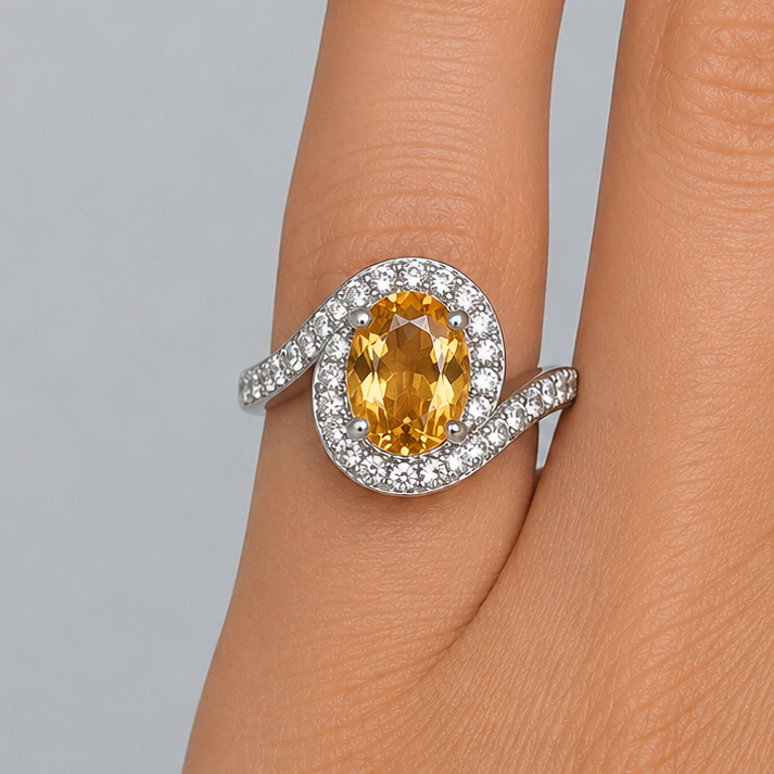 Natural Citrine & Diamond Ring in 925 Sterling Silver