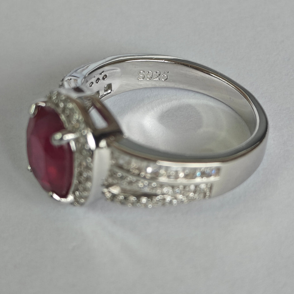Natural Ruby & Diamond Ring in Rhodium-Plated 925 Sterling Silver