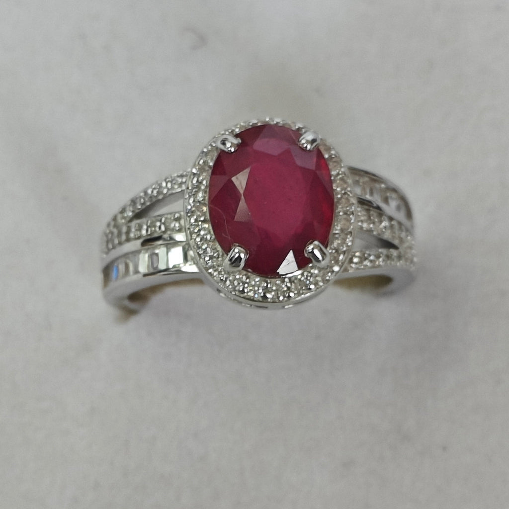 Natural Ruby & Diamond Ring in Rhodium-Plated 925 Sterling Silver