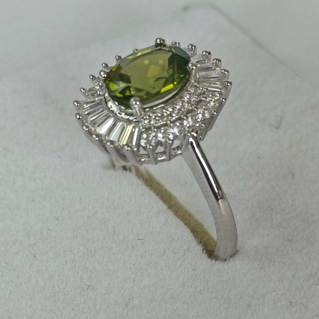 Natural Peridot & Diamond Ring in Rhodium-Plated 925 Sterling Silver