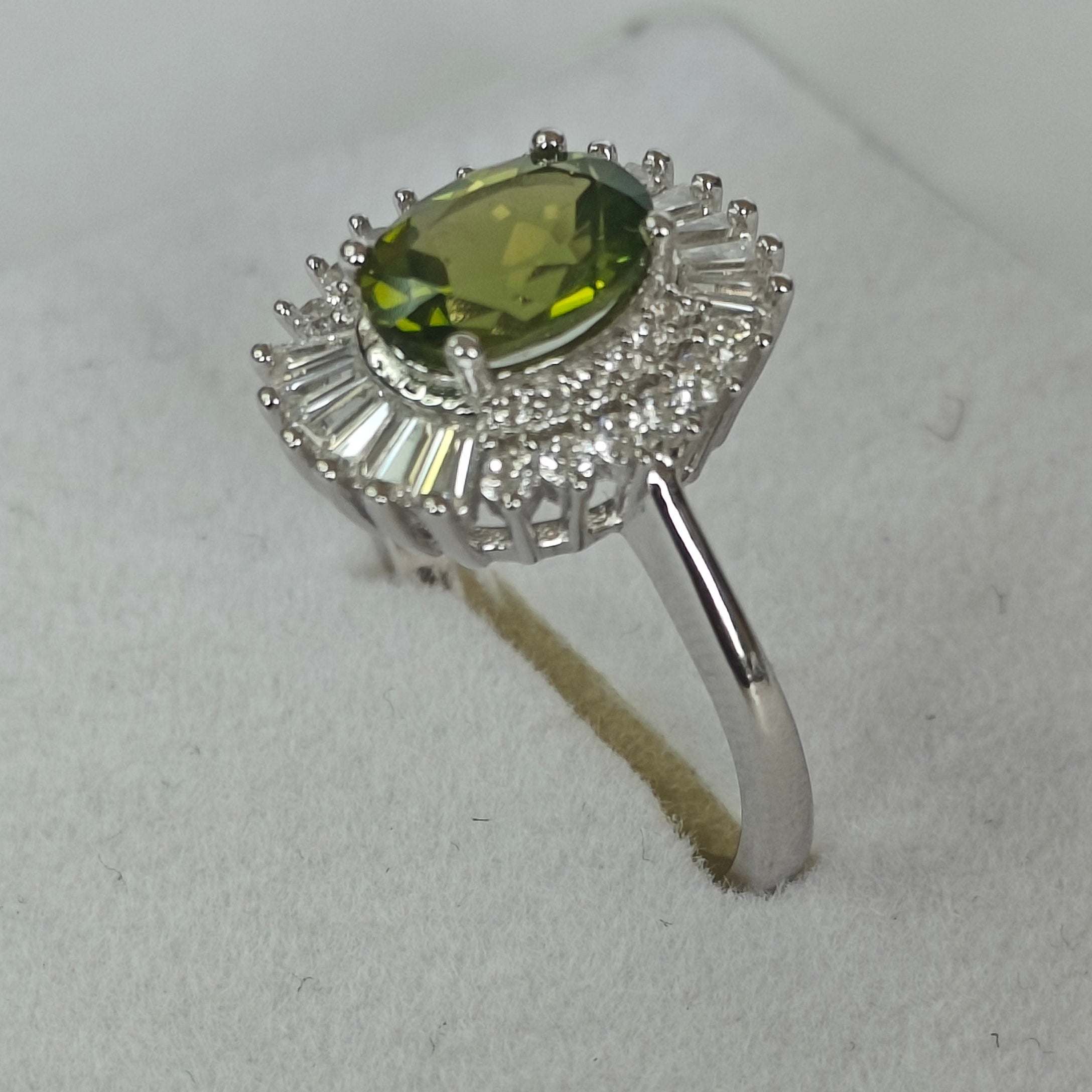 Natural Peridot & Diamond Ring in Rhodium-Plated 925 Sterling Silver