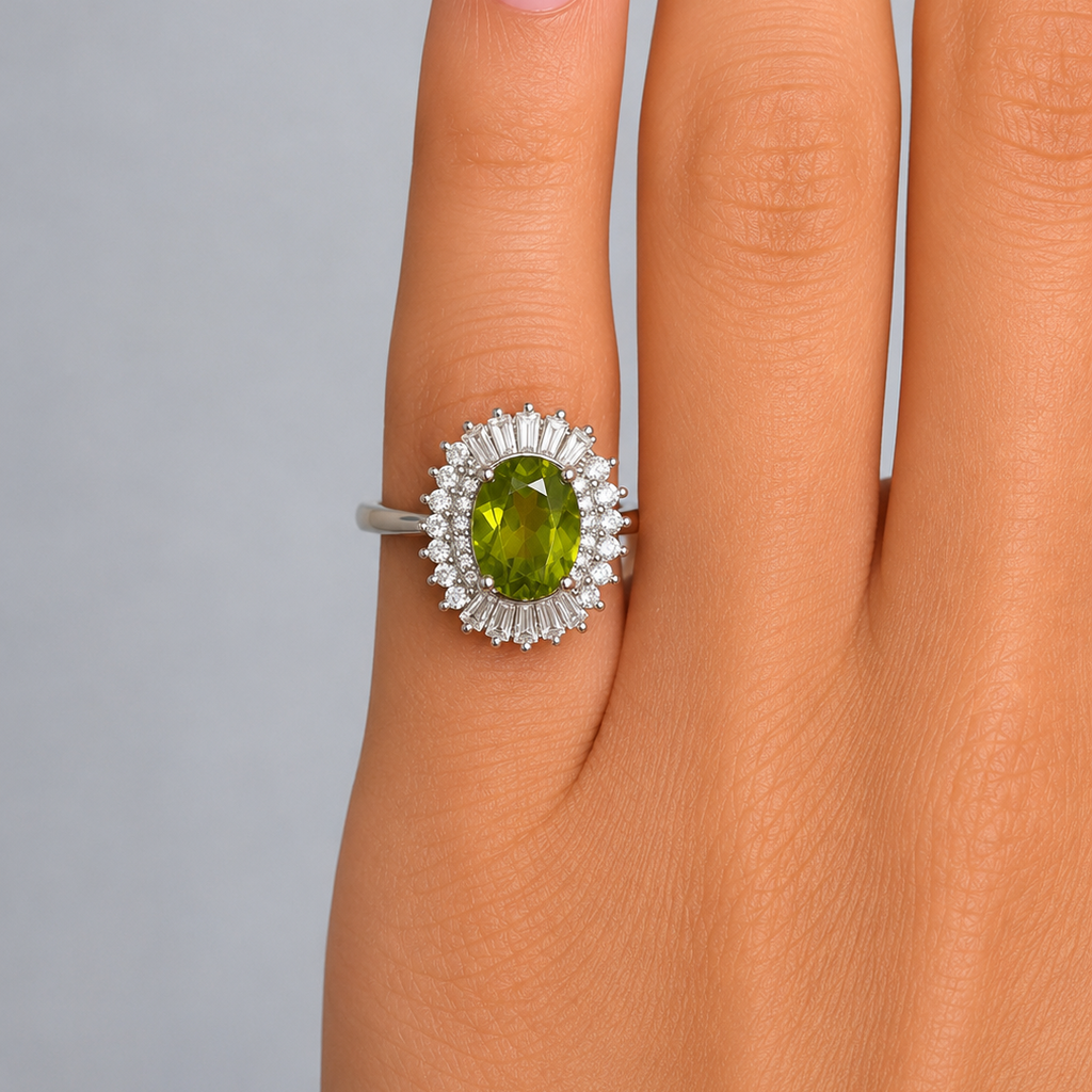 Natural Peridot & Diamond Ring in Rhodium-Plated 925 Sterling Silver