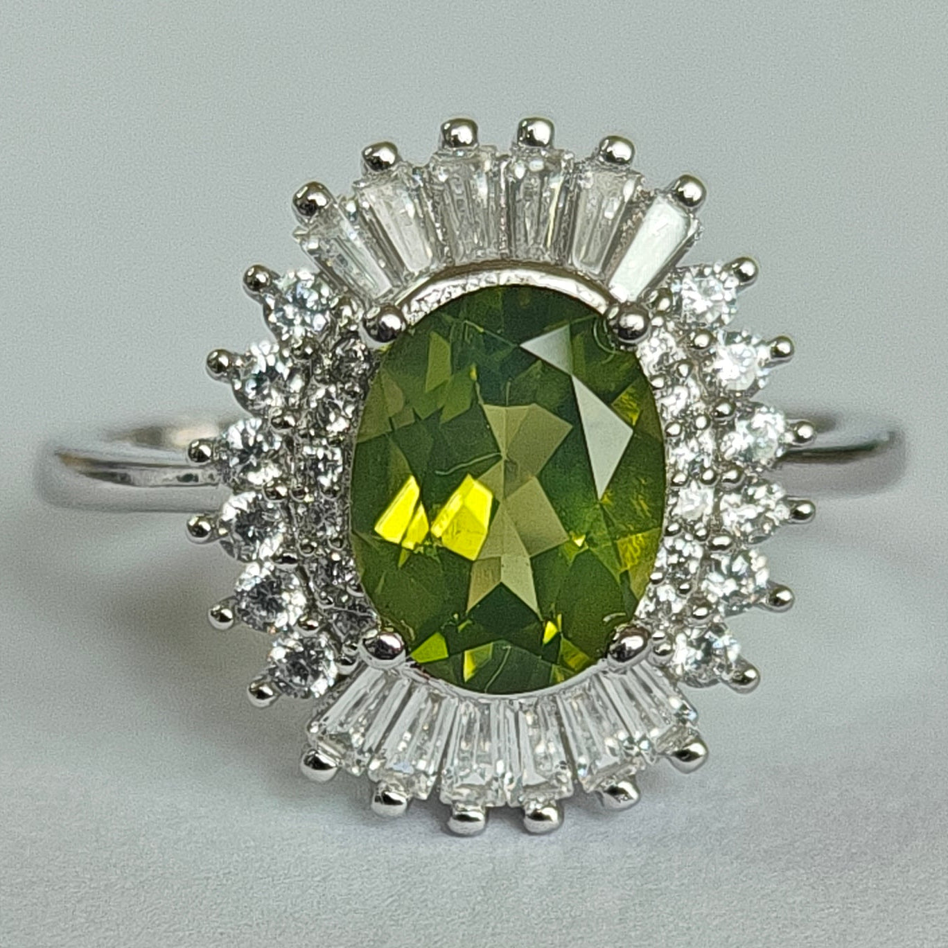 Natural Peridot & Diamond Ring in Rhodium-Plated 925 Sterling Silver