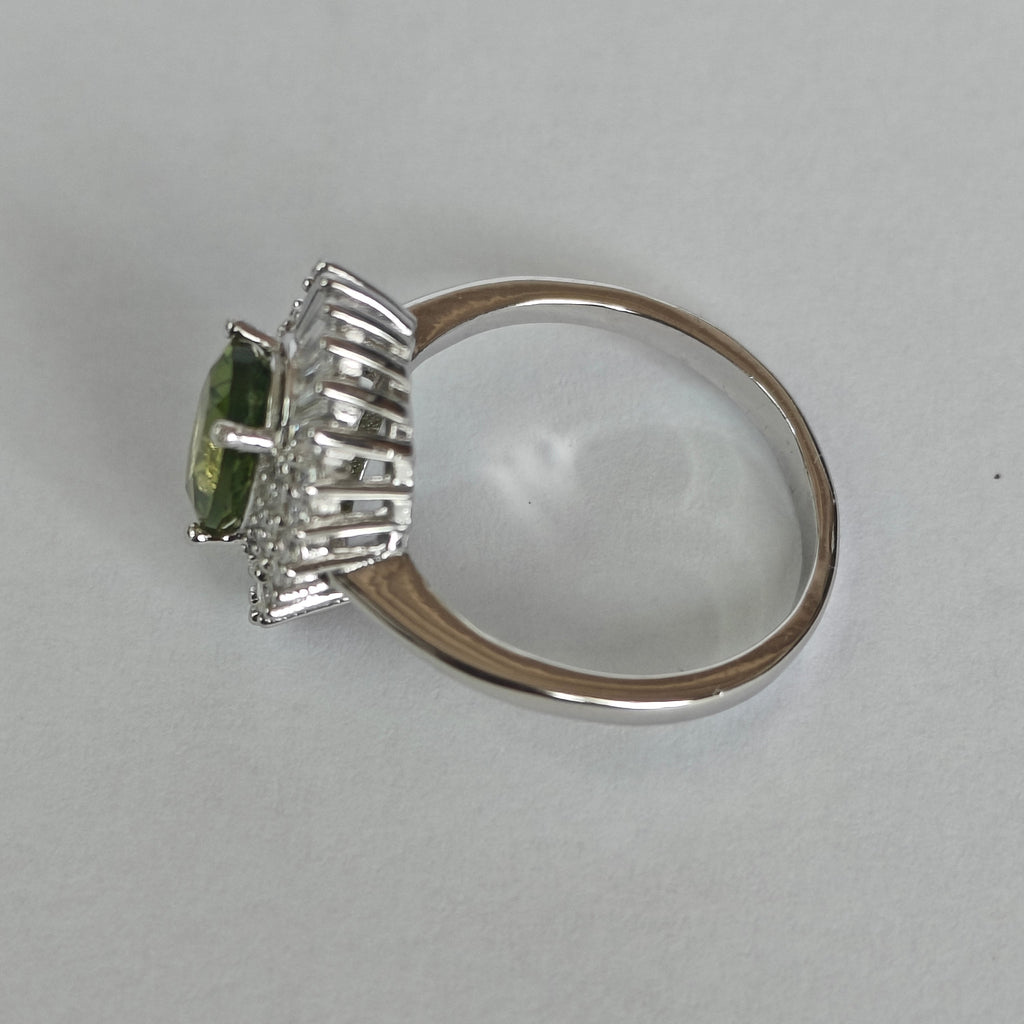Natural Peridot & Diamond Ring in Rhodium-Plated 925 Sterling Silver
