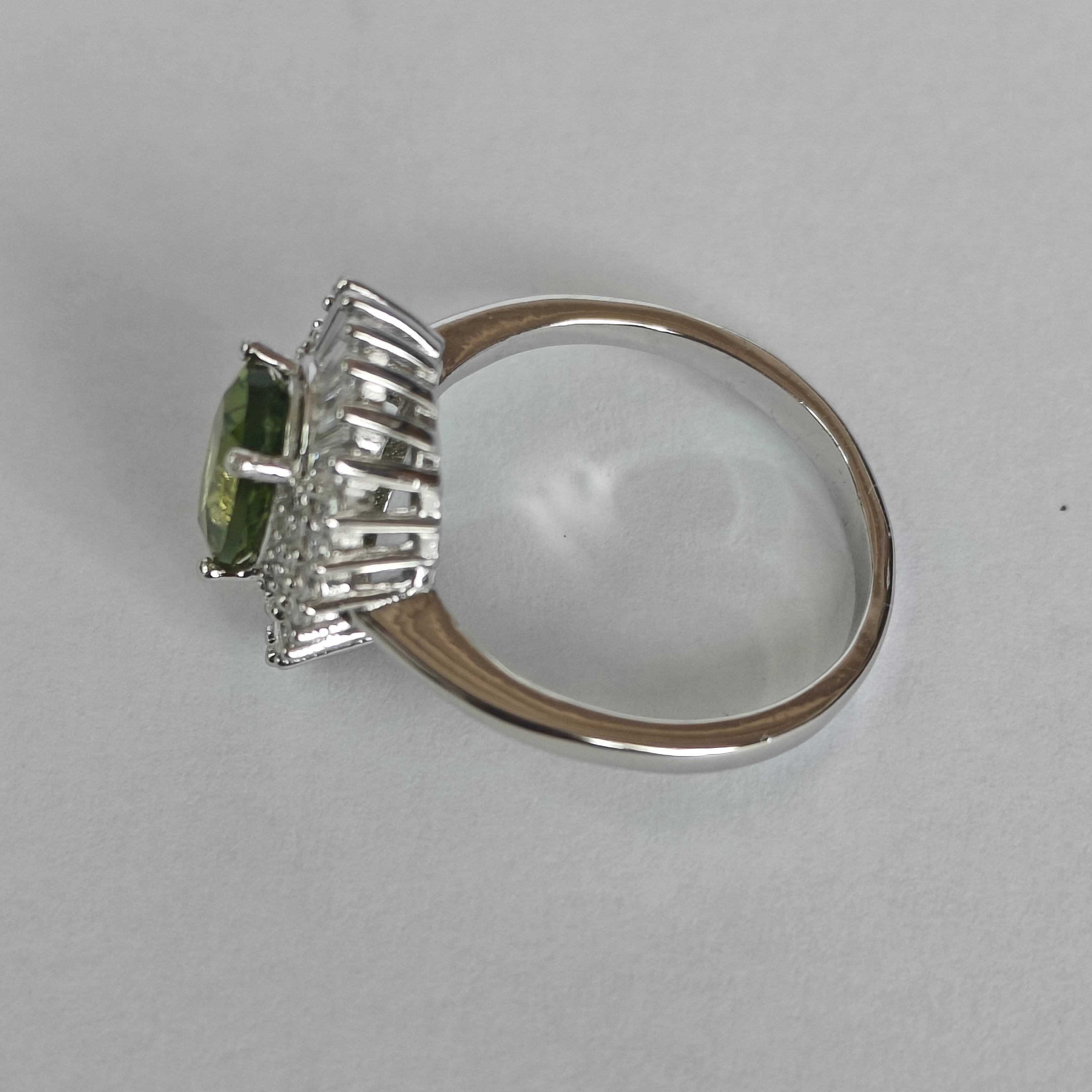 Natural Peridot & Diamond Ring in Rhodium-Plated 925 Sterling Silver