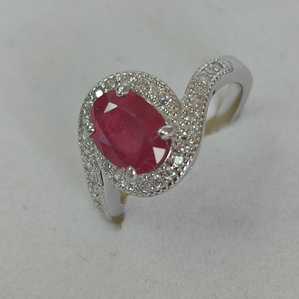 Natural Ruby & Diamond Ring in Rhodium-Plated 925 Sterling Silver
