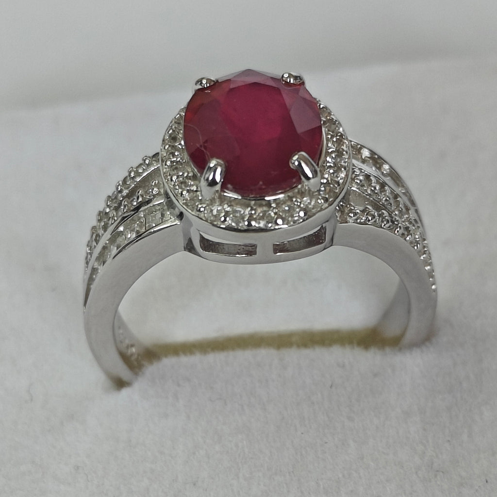 Natural Ruby & Diamond Ring in Rhodium-Plated 925 Sterling Silver