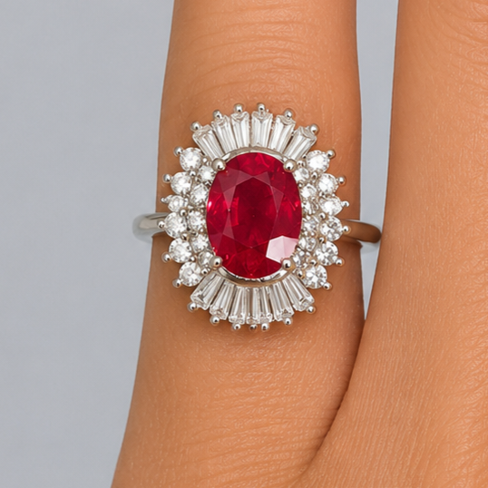 Natural Ruby & Diamond Ring in Rhodium-Plated 925 Sterling Silver