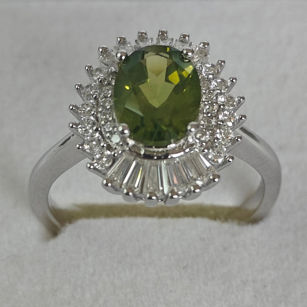 Natural Peridot & Diamond Ring in Rhodium-Plated 925 Sterling Silver