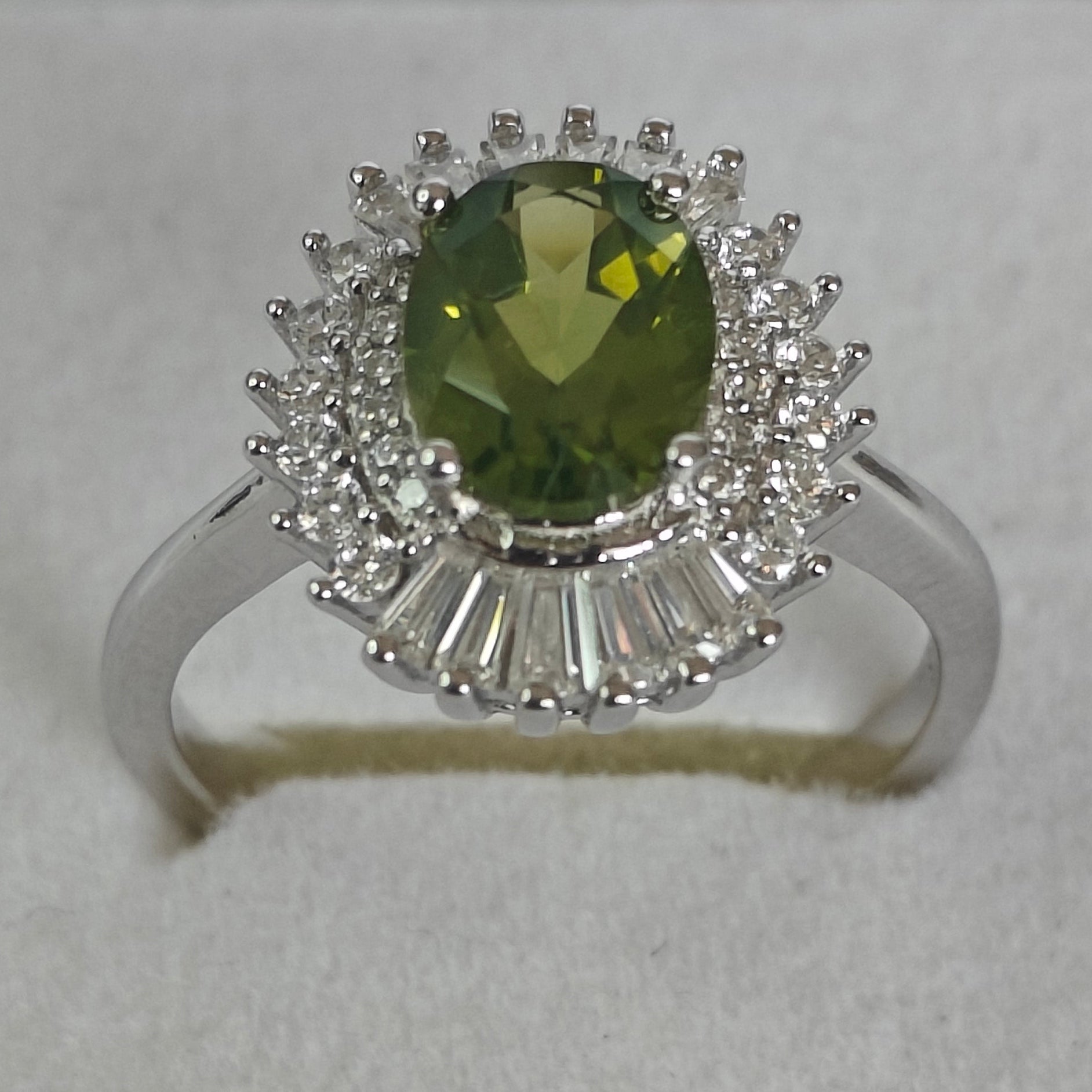 Natural Peridot & Diamond Ring in Rhodium-Plated 925 Sterling Silver