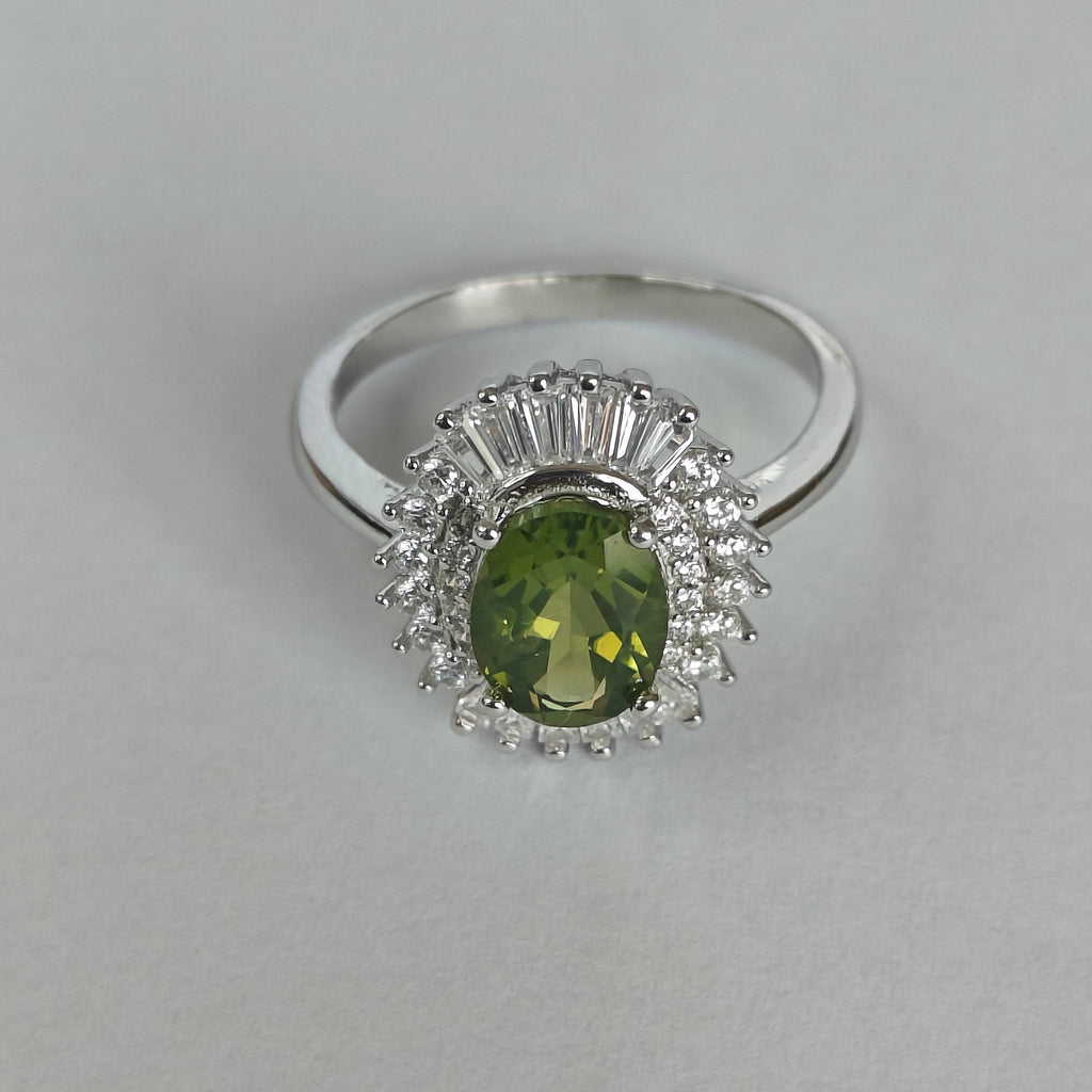 Natural Peridot & Diamond Ring in Rhodium-Plated 925 Sterling Silver