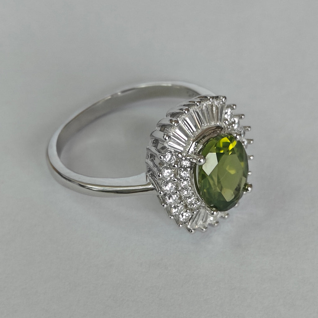 Natural Peridot & Diamond Ring in Rhodium-Plated 925 Sterling Silver