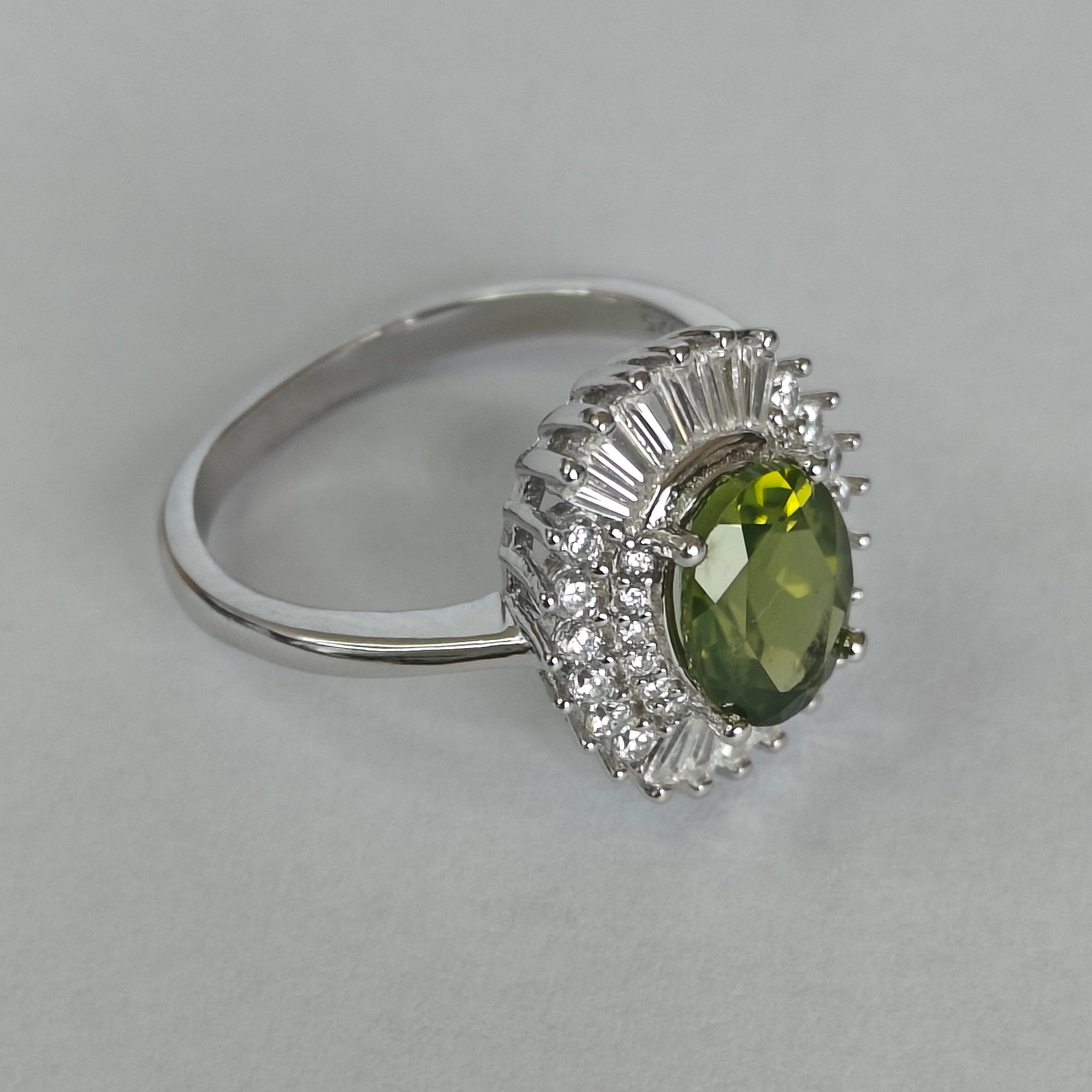 Natural Peridot & Diamond Ring in Rhodium-Plated 925 Sterling Silver
