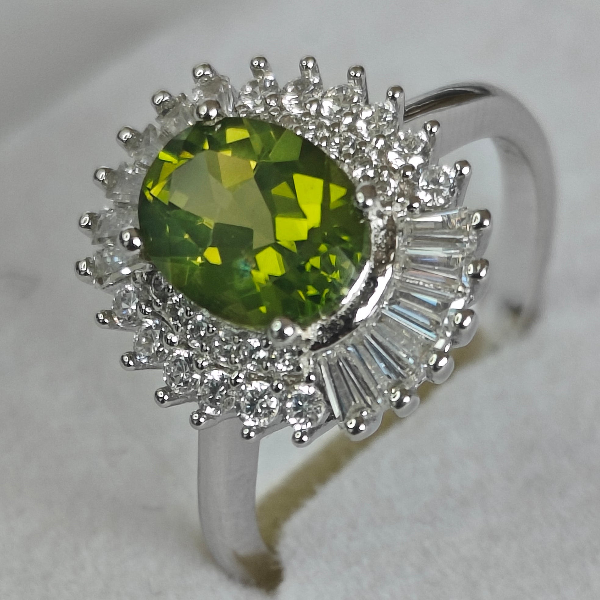 Natural Peridot & Diamond Ring in Rhodium-Plated 925 Sterling Silver