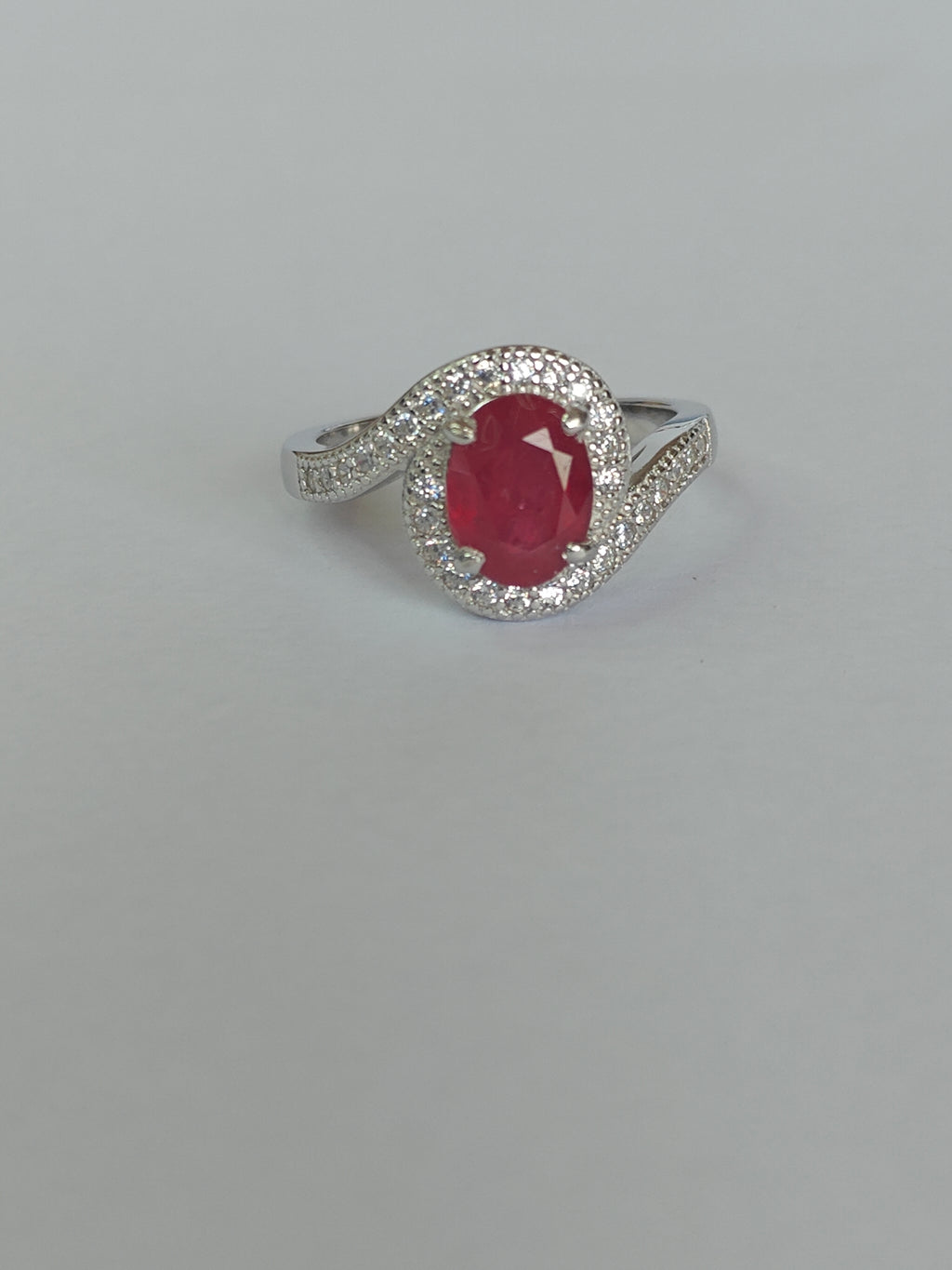 Natural Ruby & Diamond Ring in Rhodium-Plated 925 Sterling Silver