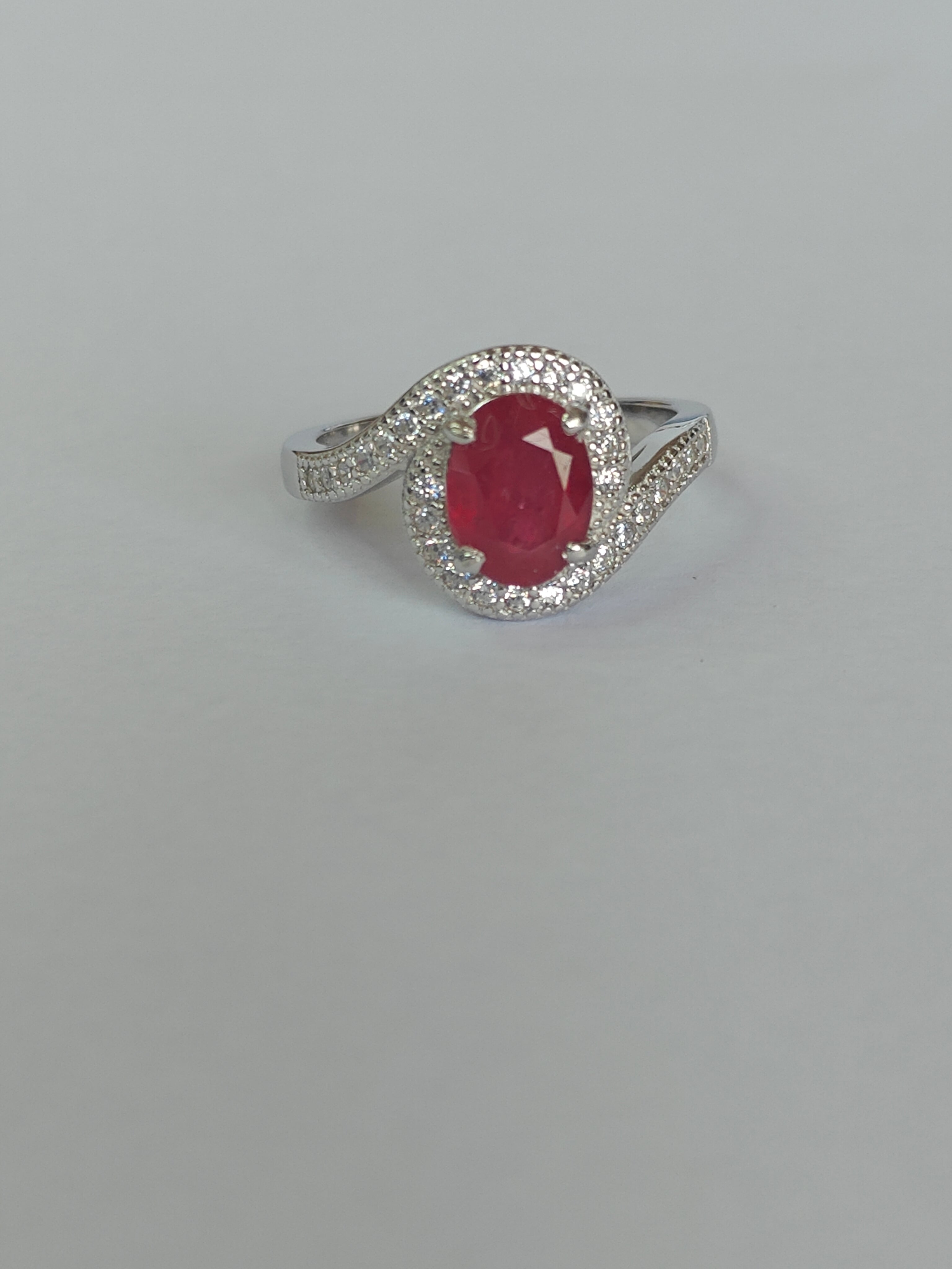 Natural Ruby & Diamond Ring in Rhodium-Plated 925 Sterling Silver