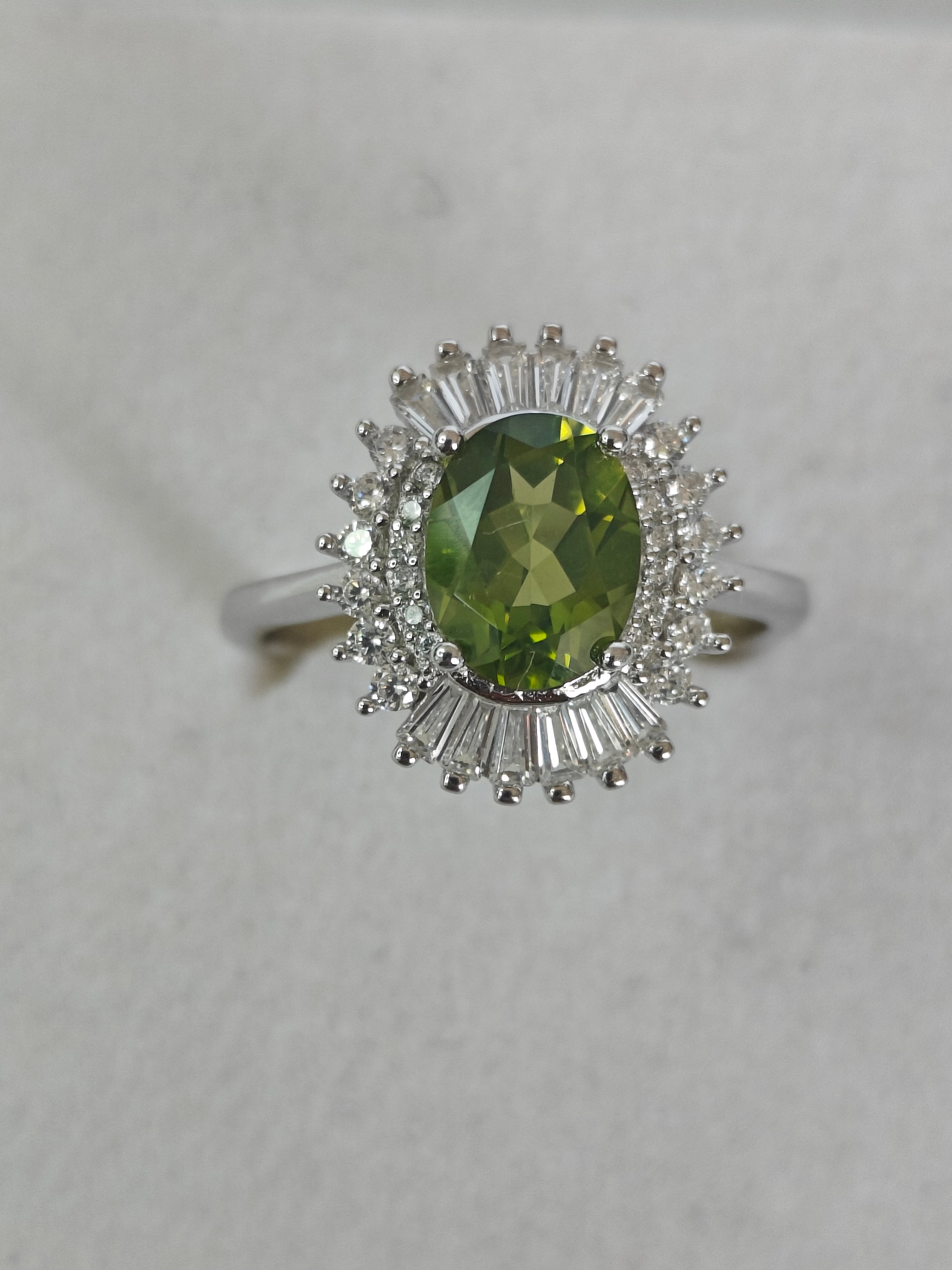 Natural Peridot & Diamond Ring in Rhodium-Plated 925 Sterling Silver