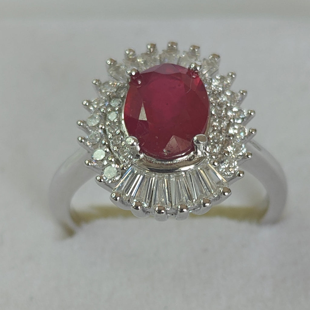 Natural Ruby & Diamond Ring in Rhodium-Plated 925 Sterling Silver
