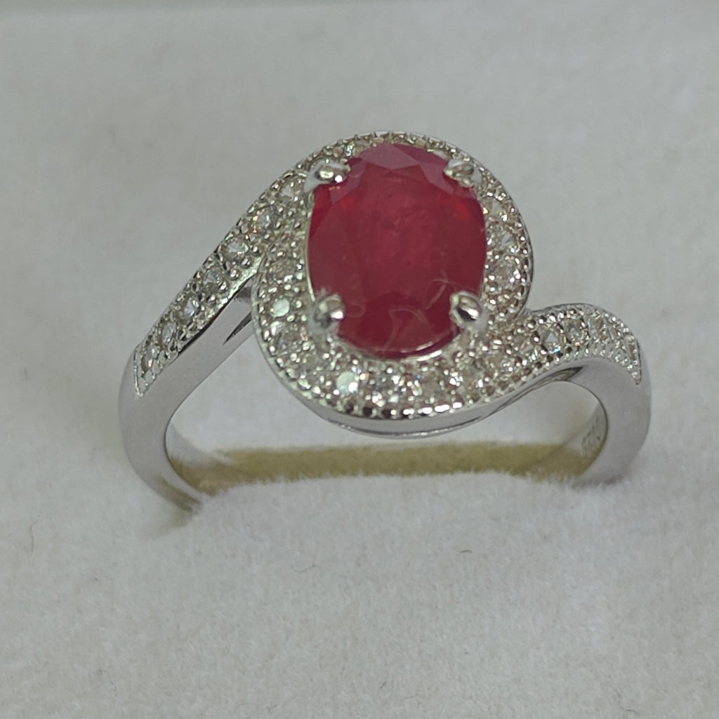Natural Ruby & Diamond Ring in Rhodium-Plated 925 Sterling Silver