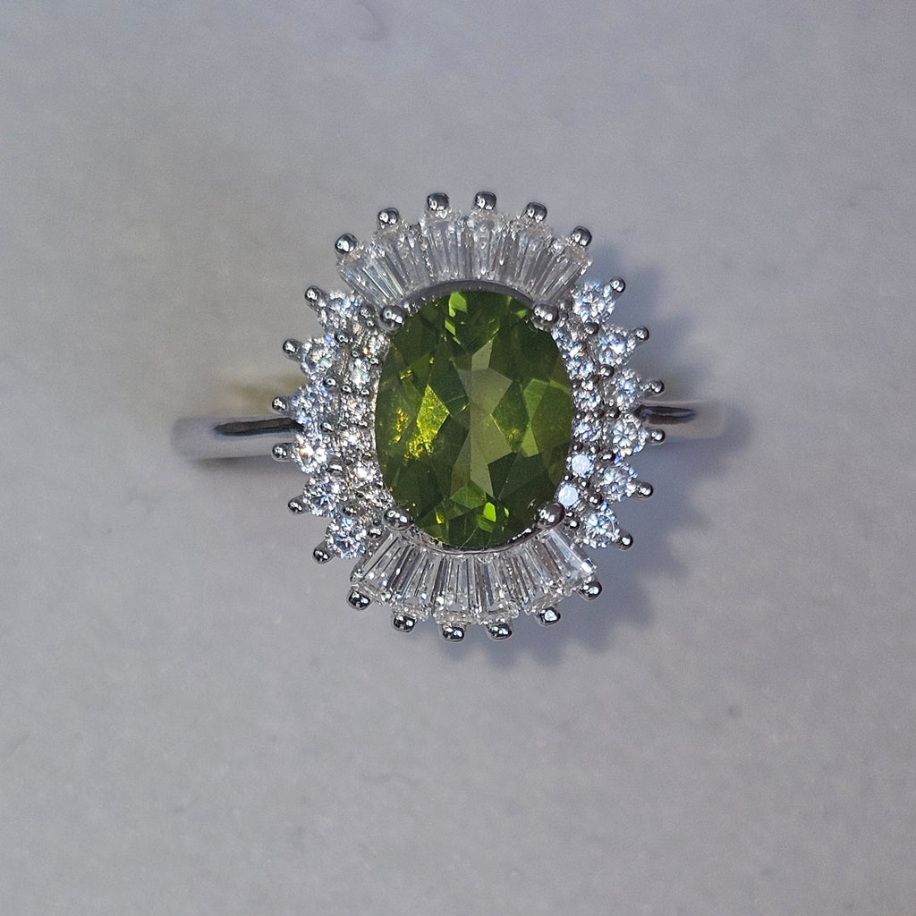 Natural Peridot & Diamond Ring in Rhodium-Plated 925 Sterling Silver