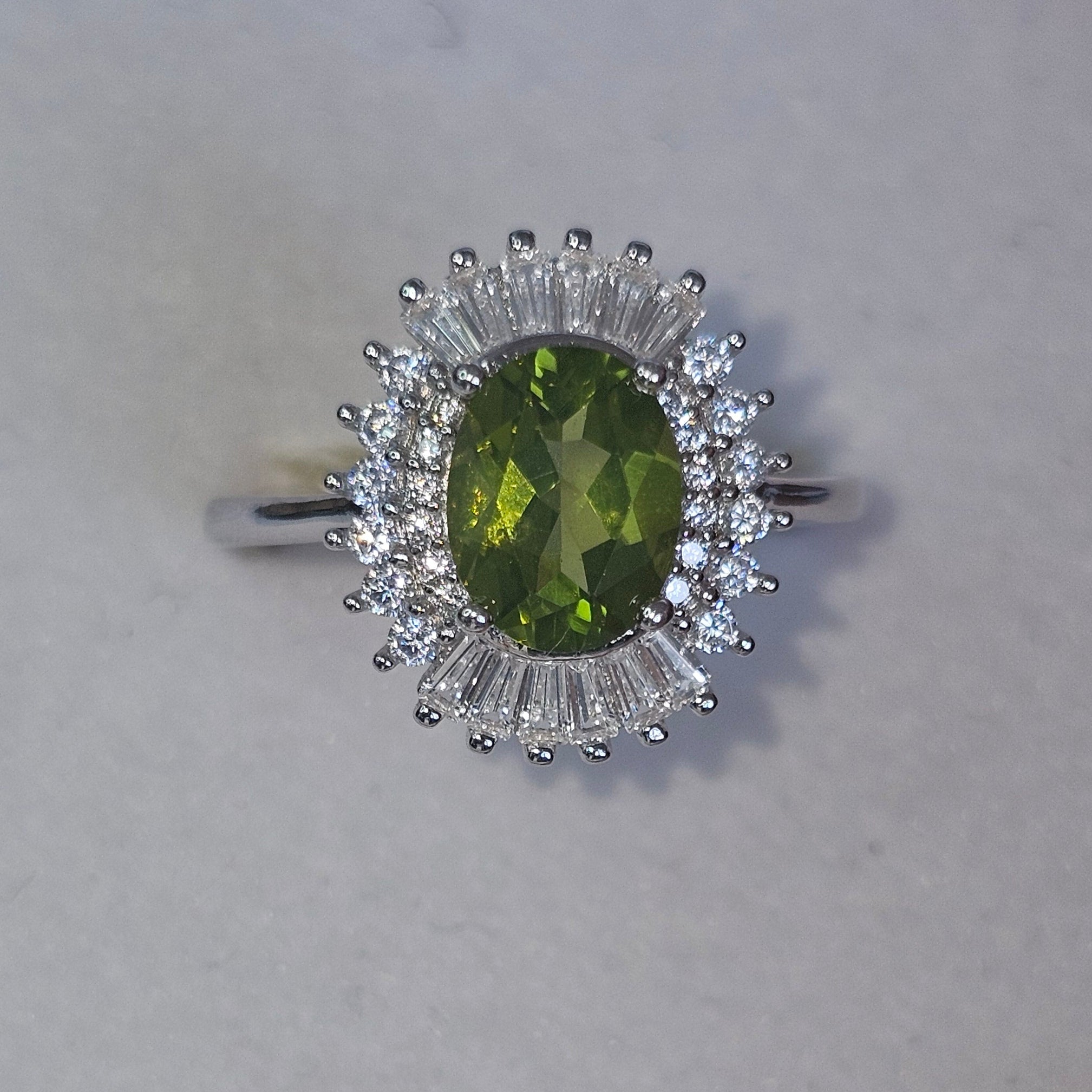Natural Peridot & Diamond Ring in Rhodium-Plated 925 Sterling Silver