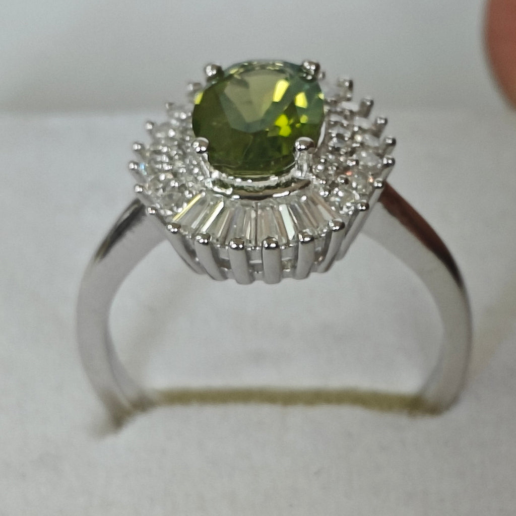 Natural Peridot & Diamond Ring in Rhodium-Plated 925 Sterling Silver