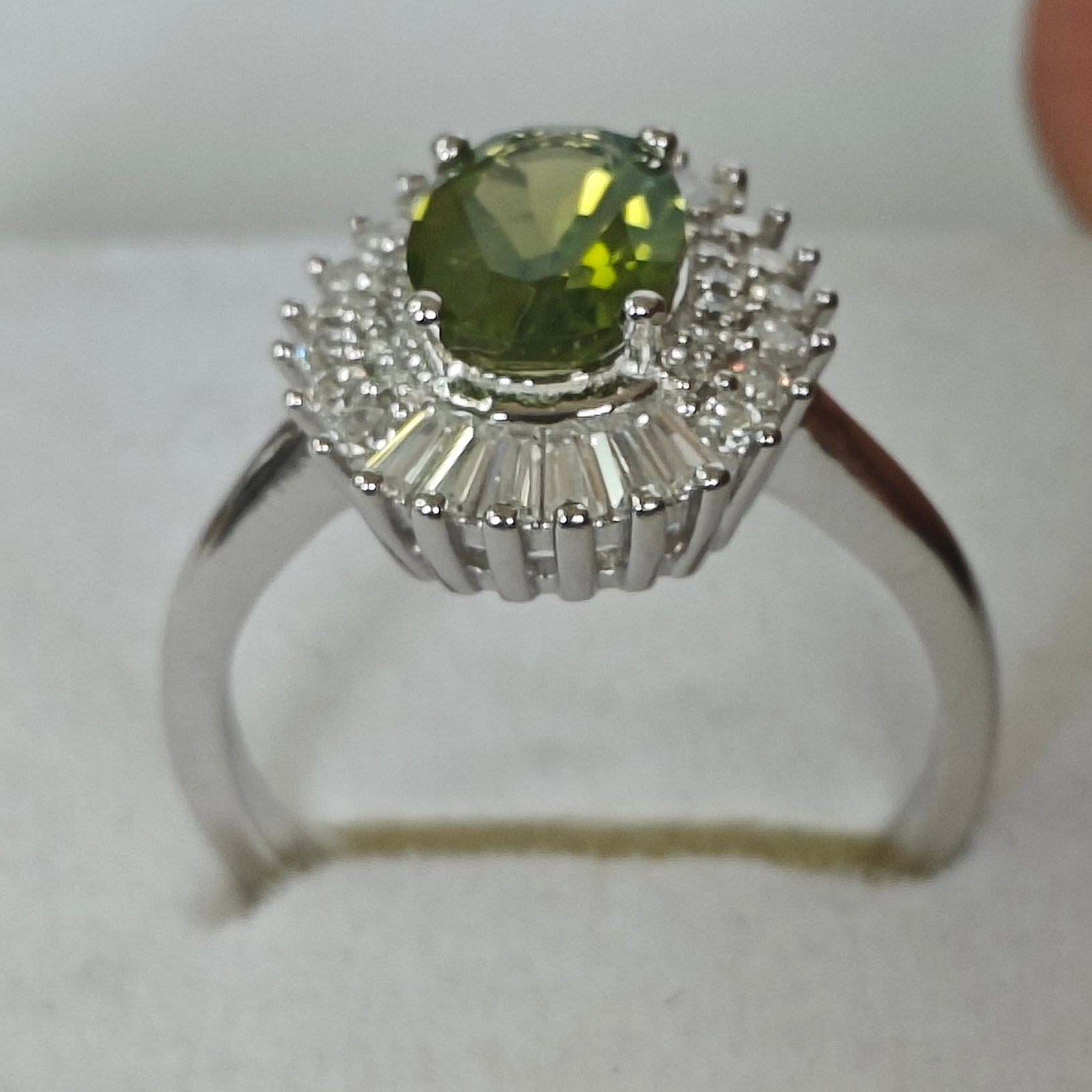 Natural Peridot & Diamond Ring in Rhodium-Plated 925 Sterling Silver