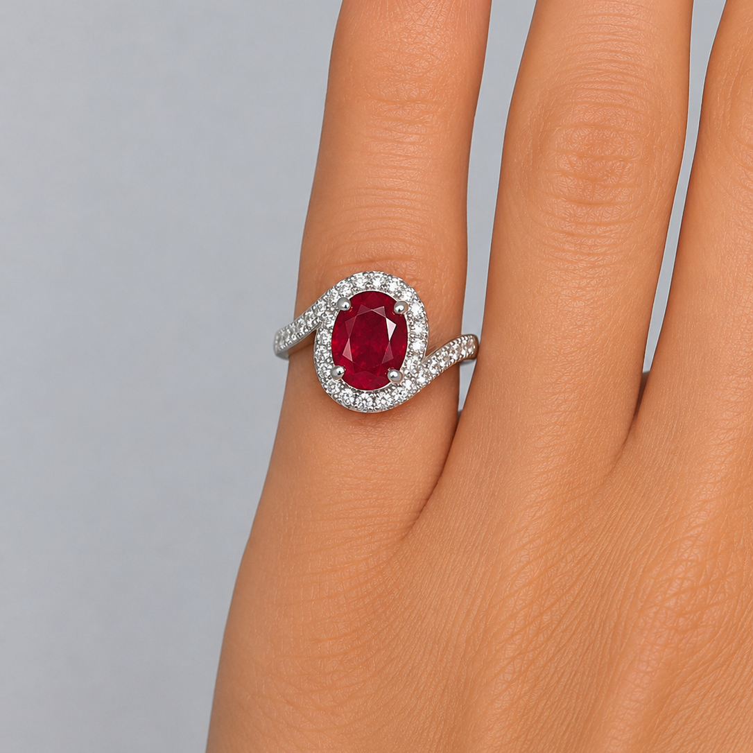 Natural Ruby & Diamond Ring in Rhodium-Plated 925 Sterling Silver