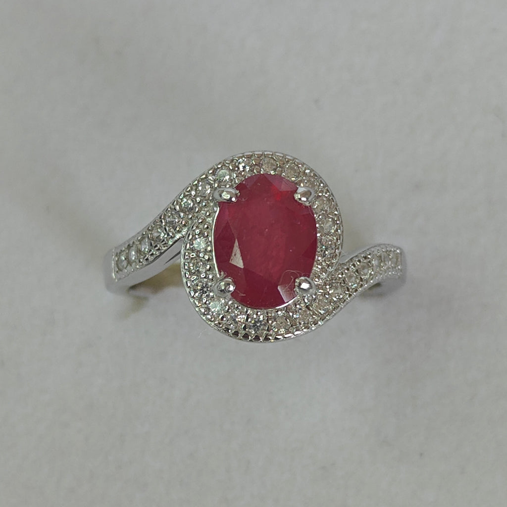 Natural Ruby & Diamond Ring in Rhodium-Plated 925 Sterling Silver