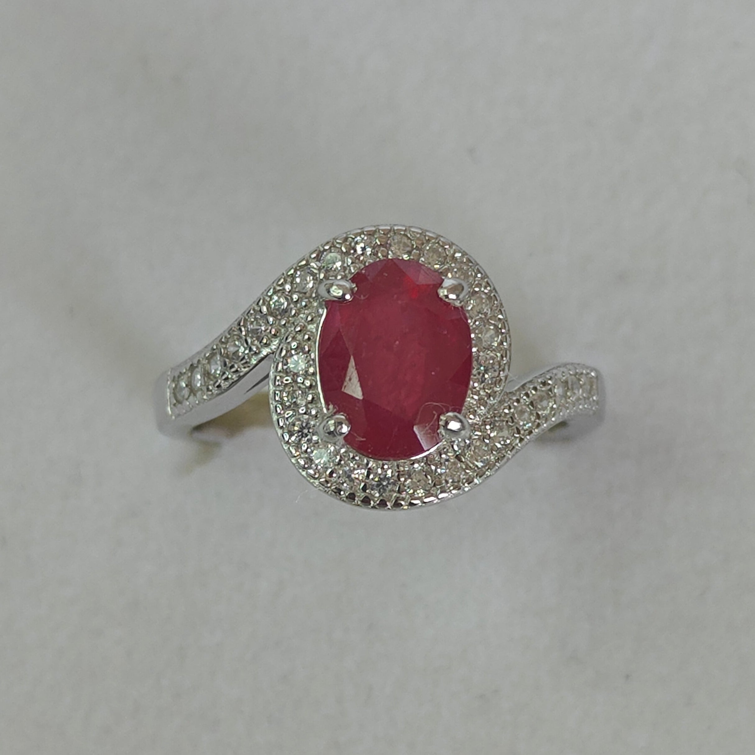 Natural Ruby & Diamond Ring in Rhodium-Plated 925 Sterling Silver