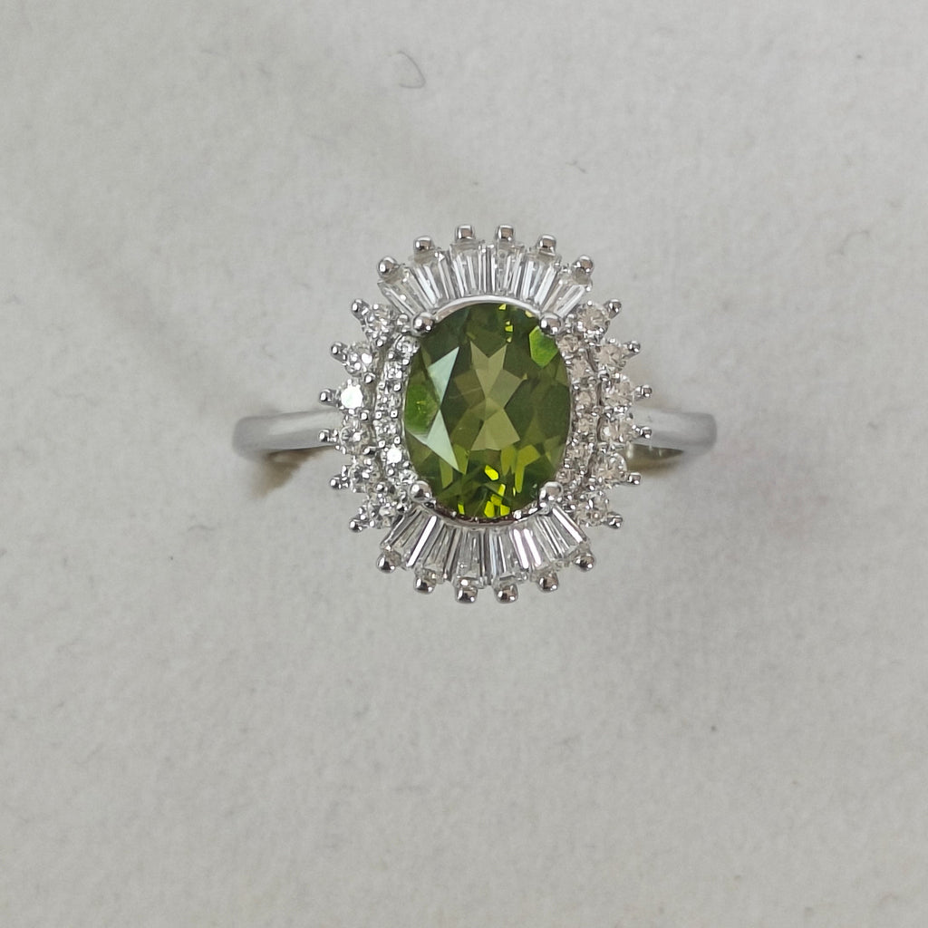 Natural Peridot & Diamond Ring in Rhodium-Plated 925 Sterling Silver