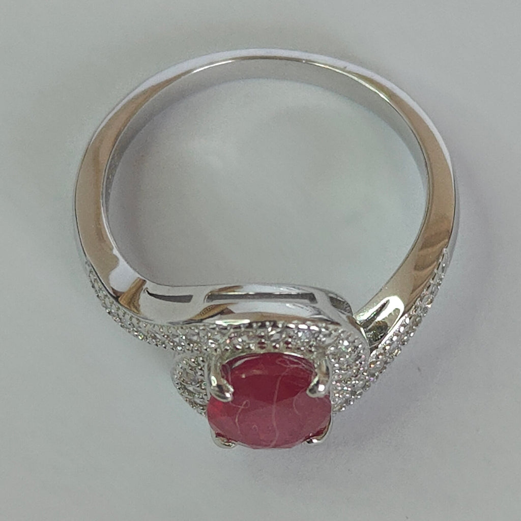 Natural Ruby & Diamond Ring in Rhodium-Plated 925 Sterling Silver
