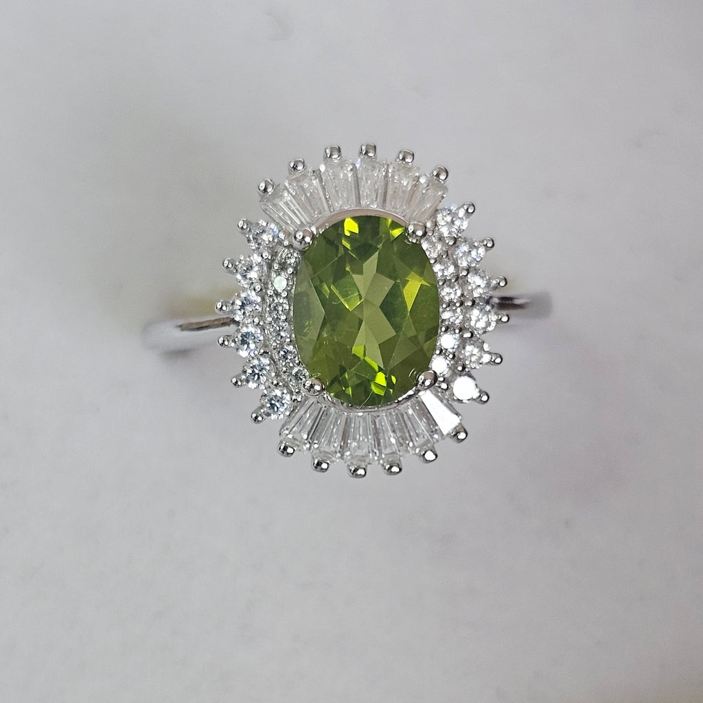 Natural Peridot & Diamond Ring in Rhodium-Plated 925 Sterling Silver