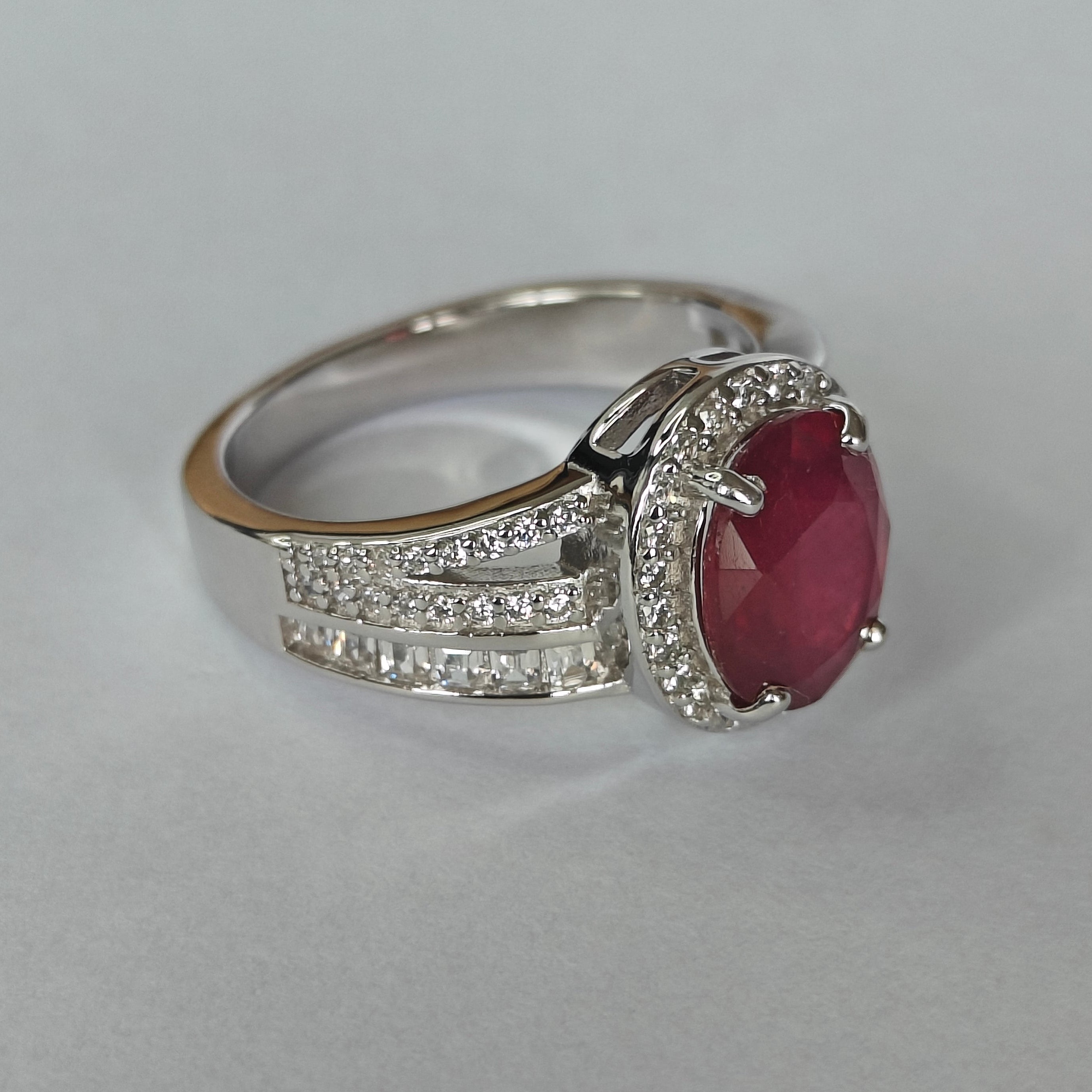 Natural Ruby & Diamond Ring in Rhodium-Plated 925 Sterling Silver