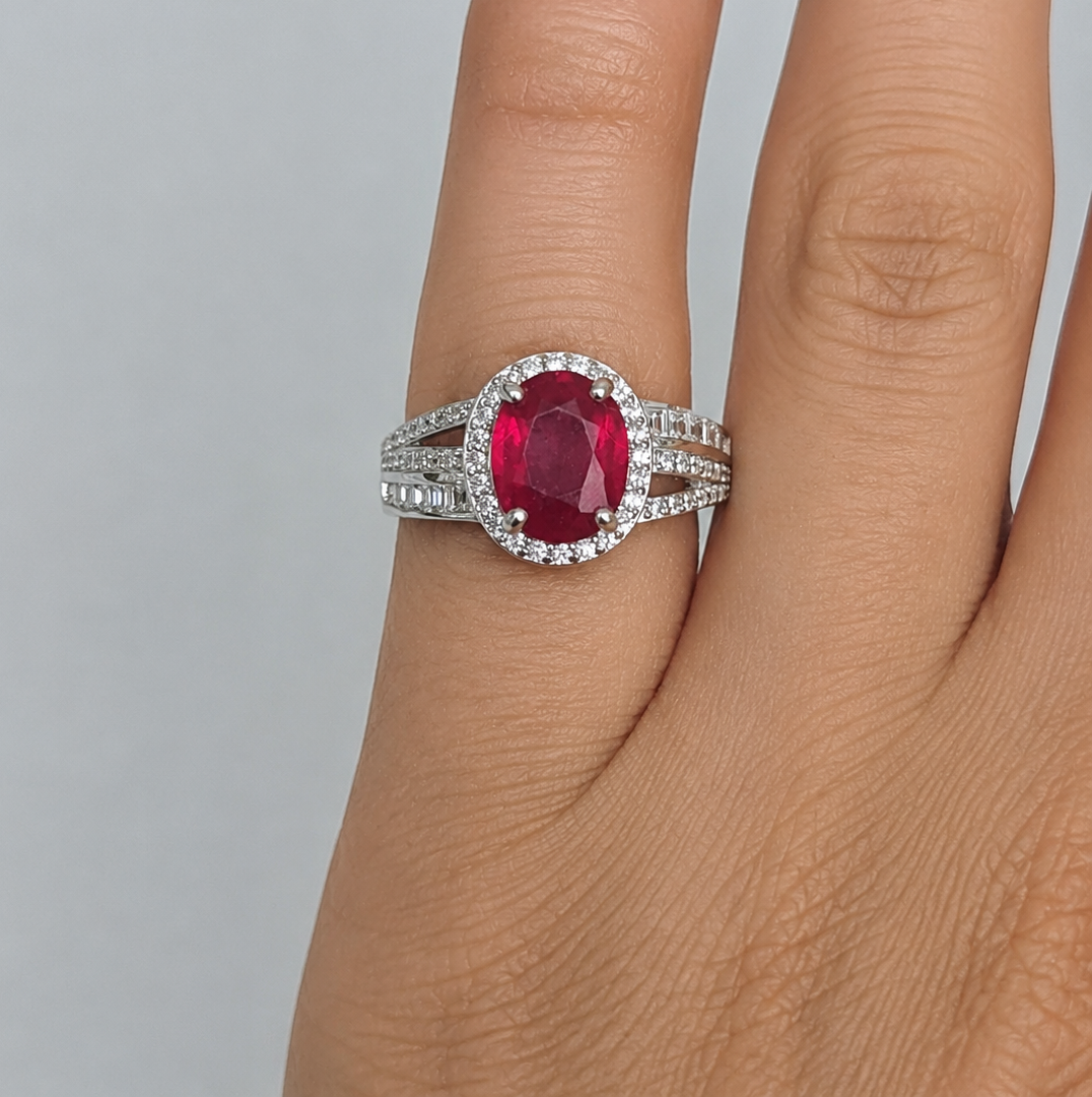Natural Ruby & Diamond Ring in Rhodium-Plated 925 Sterling Silver