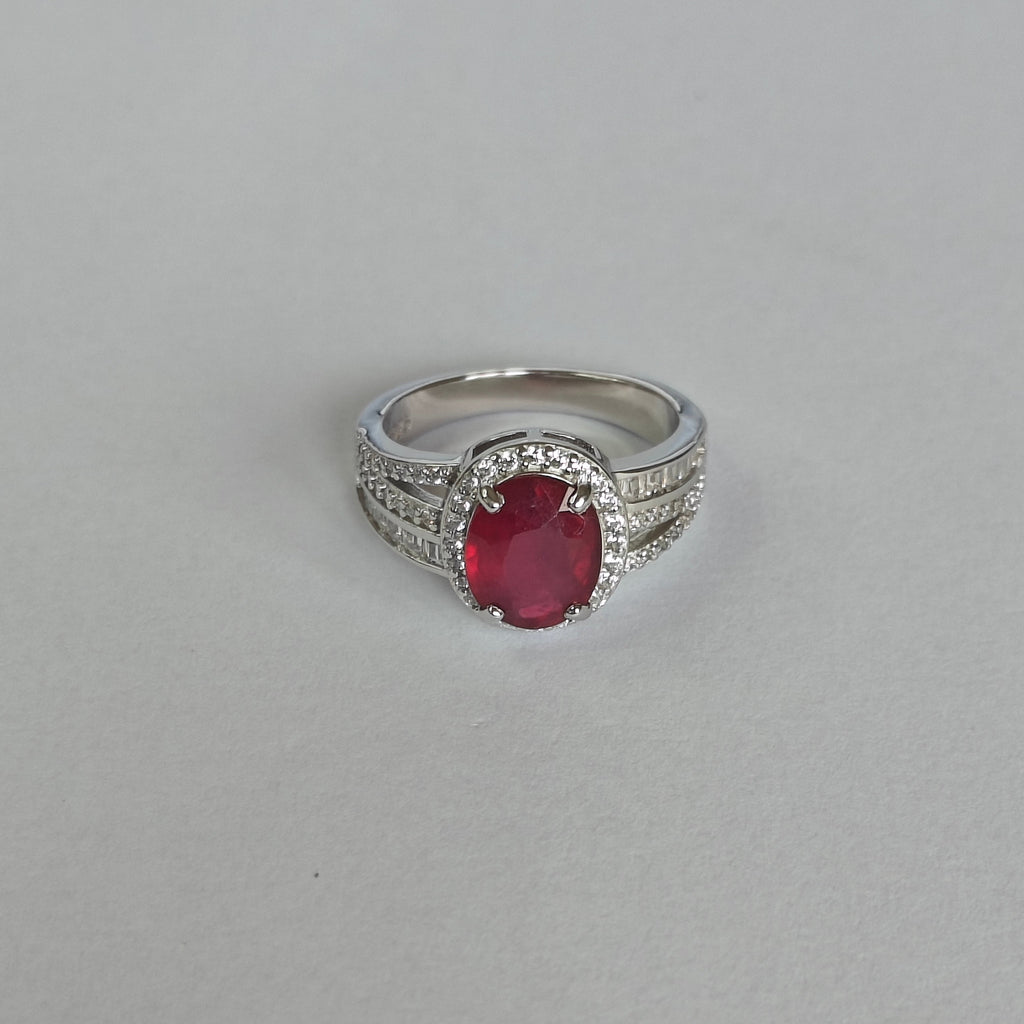 Natural Ruby & Diamond Ring in Rhodium-Plated 925 Sterling Silver