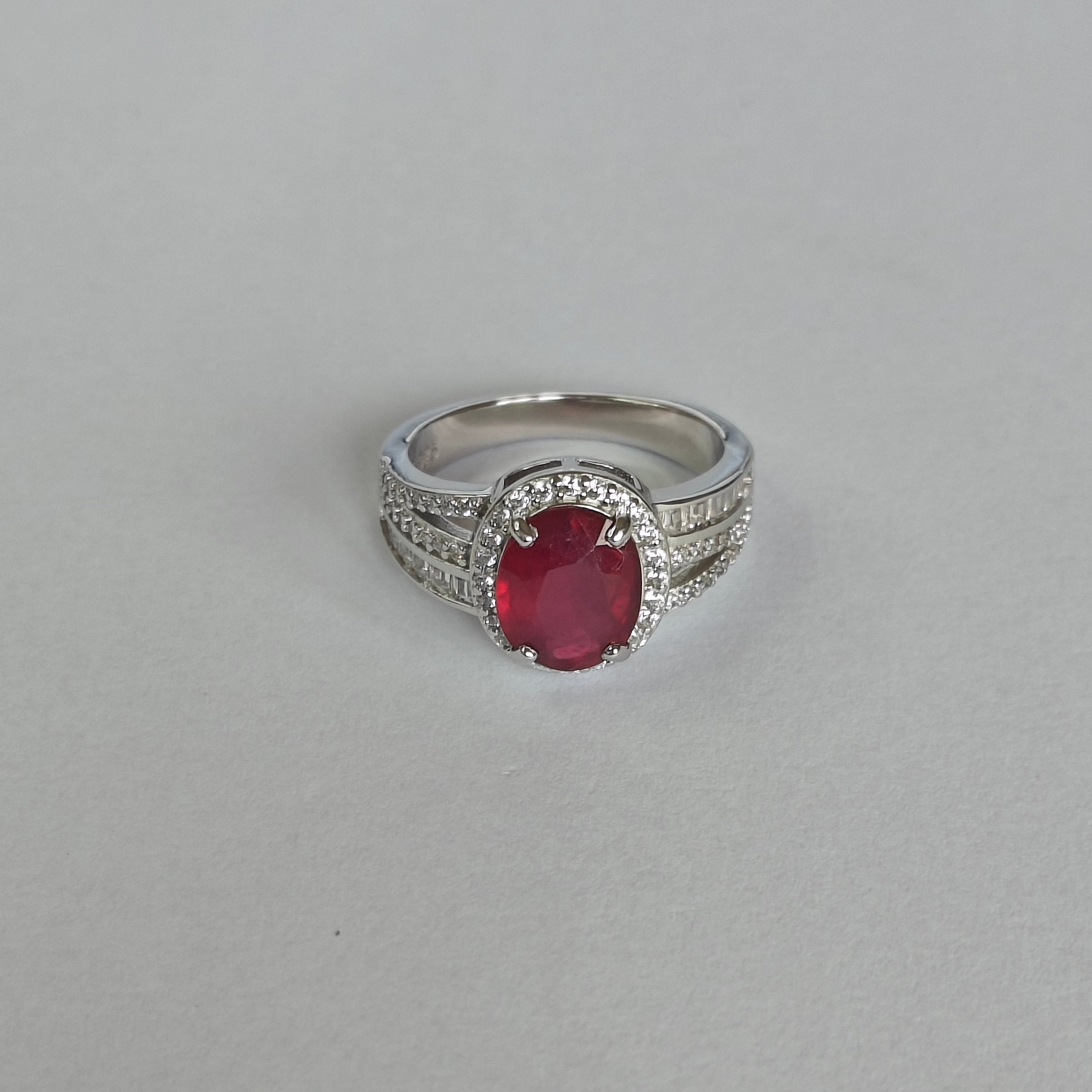 Natural Ruby & Diamond Ring in Rhodium-Plated 925 Sterling Silver