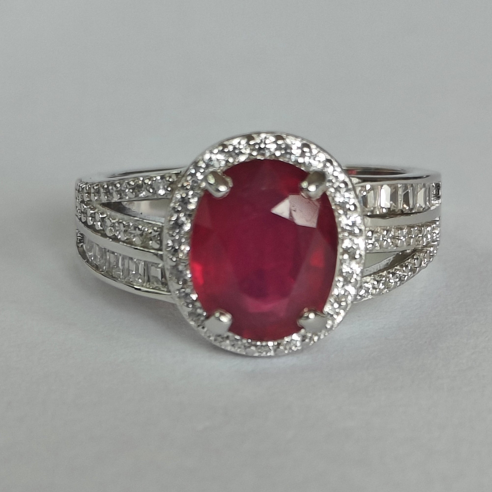 Natural Ruby & Diamond Ring in Rhodium-Plated 925 Sterling Silver