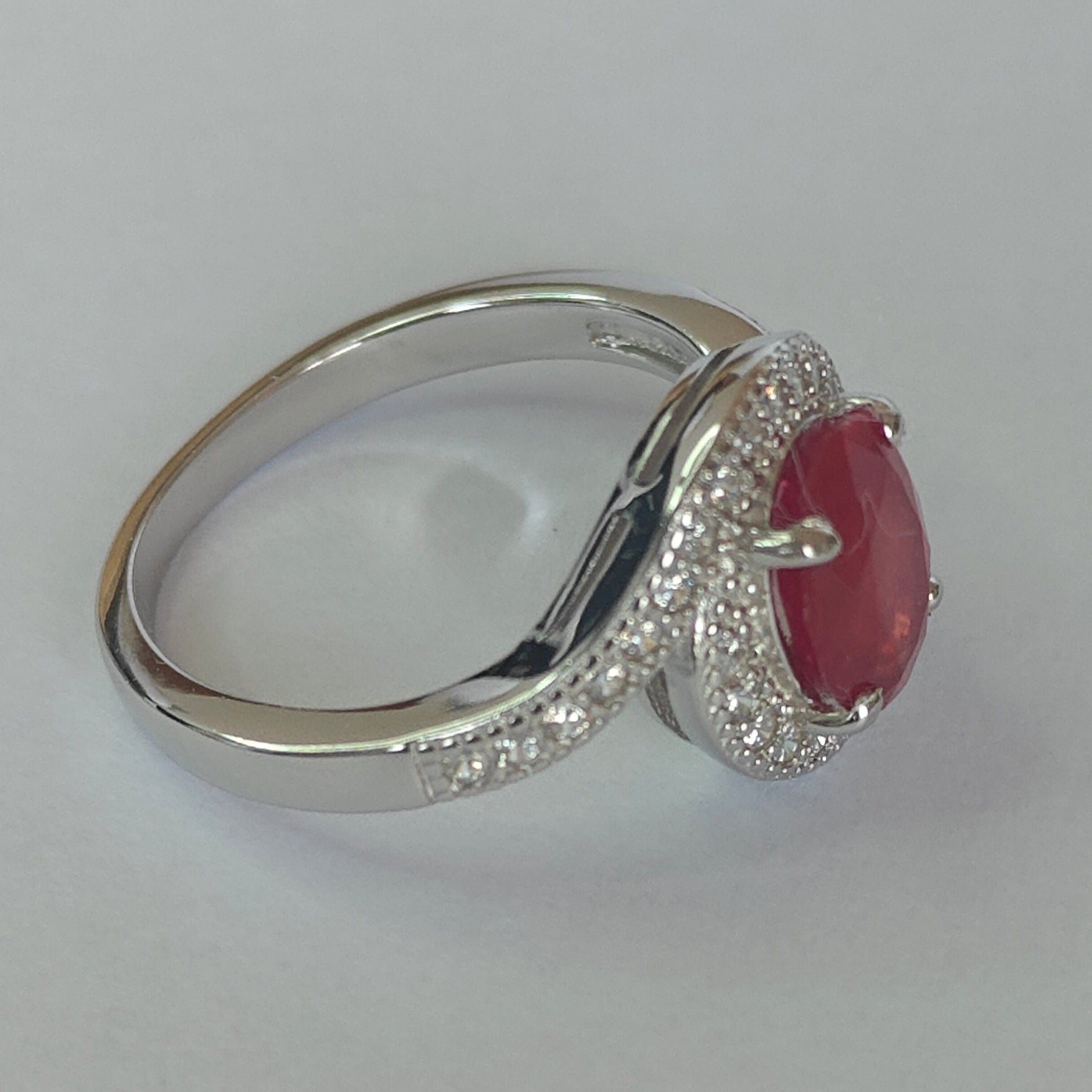 Natural Ruby & Diamond Ring in Rhodium-Plated 925 Sterling Silver