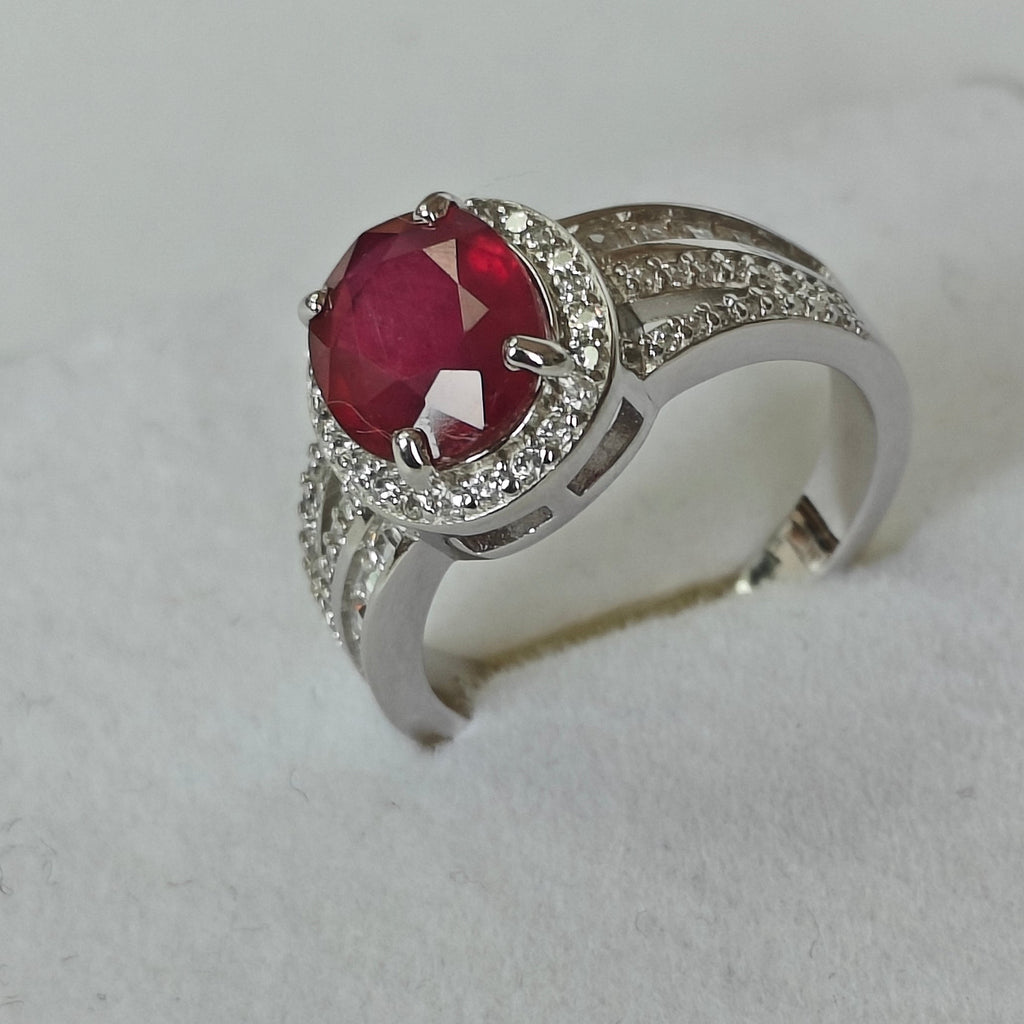 Natural Ruby & Diamond Ring in Rhodium-Plated 925 Sterling Silver